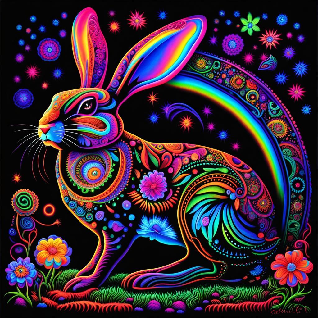 Psychedelic Black Light Rabbit in Wonderland