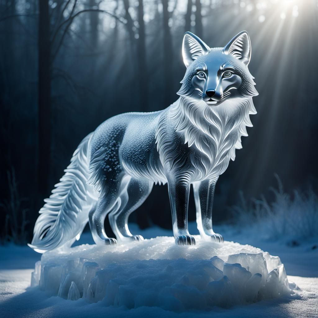 Mystical Ice Fox Sculpture in Snowy Setting