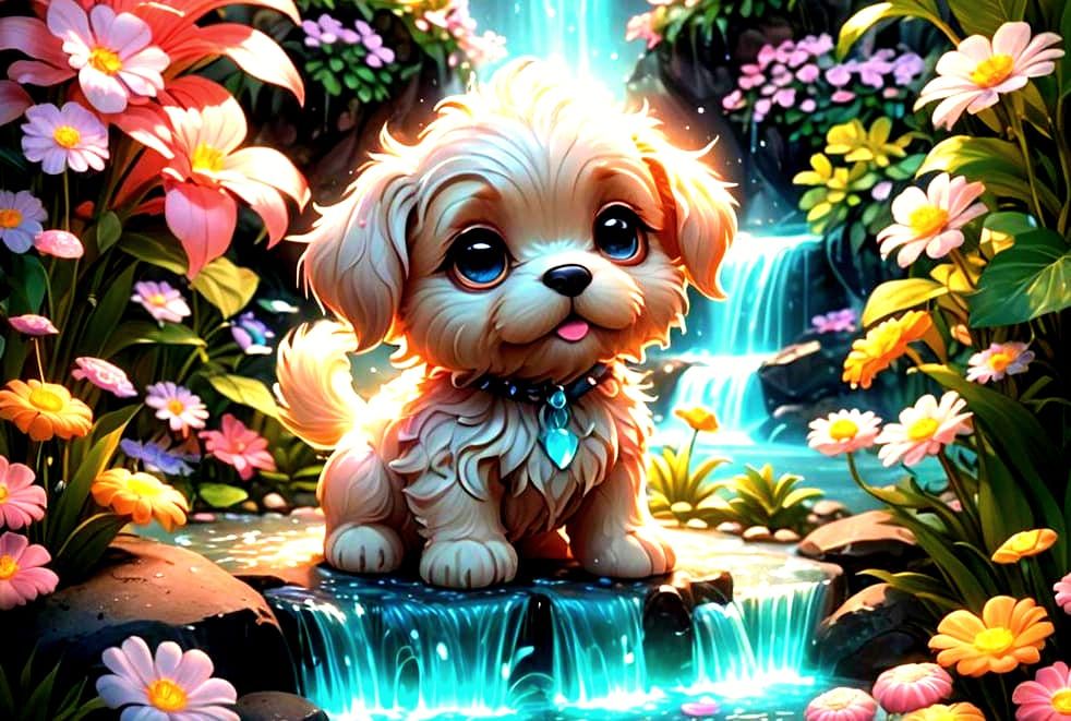 Chibi Puppy with Bioluminescent Waterfall in Candy Art Style
