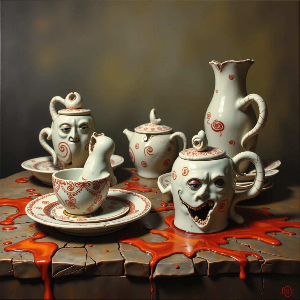 Antique Teacups with Painted Faces on Wooden Table