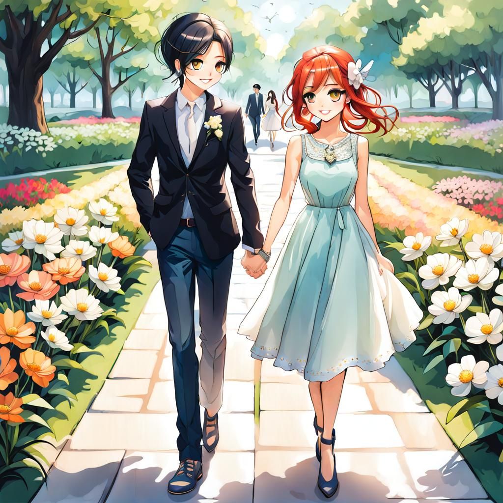 Girls in Flower Park: A Digital Art Portrait