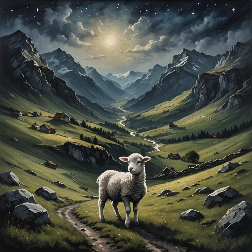 Forlorn Lamb Under Guiding Star: Oil Painting