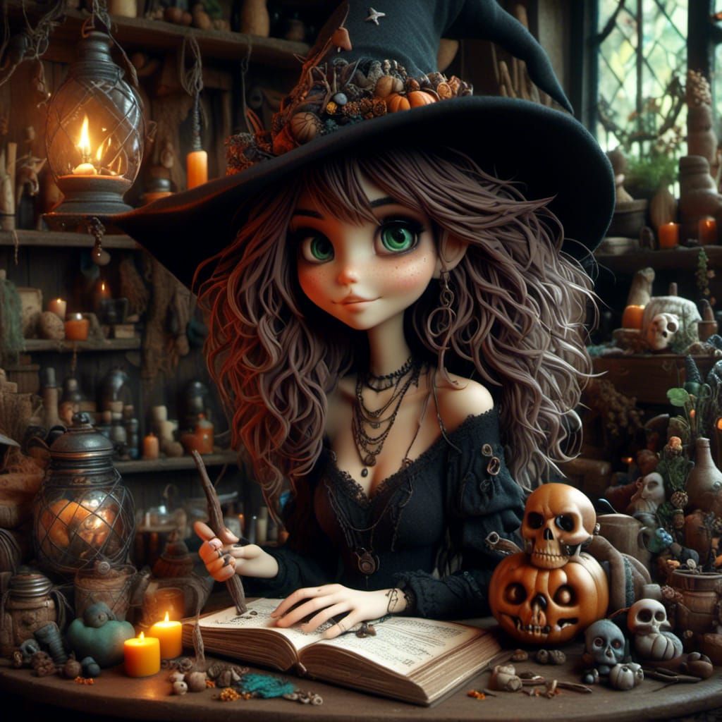 Punky Female Witch Brewing Potions as Claymation