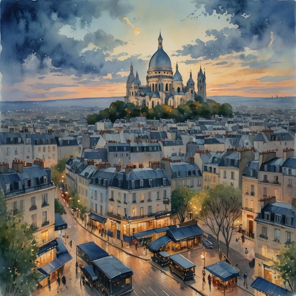 Montmartre Paris Cathedral at Dusk as Watercolor