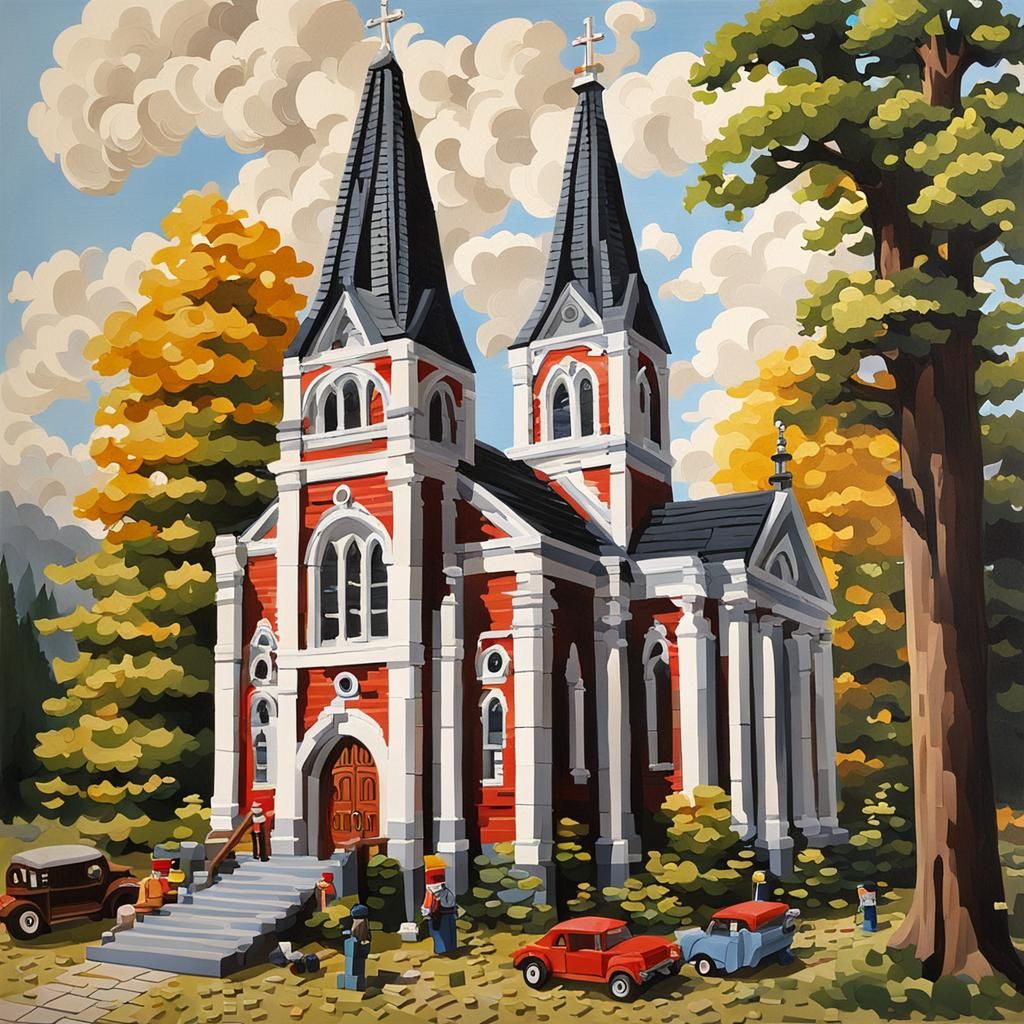 Hyperrealistic Lego Church: Gouache Painting
