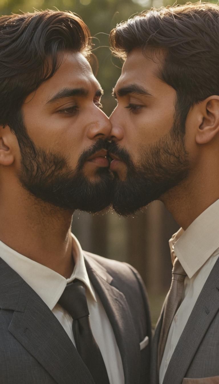 Handsome Men Kissing in Cinematic Realism