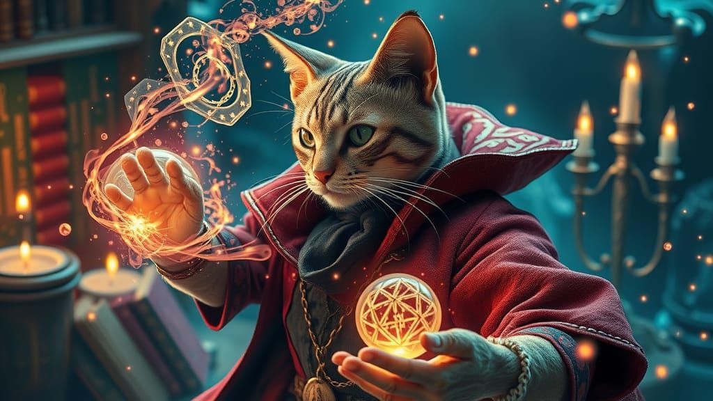 Magical Cat, dressed as Doctor Strange, casting defensive sp...