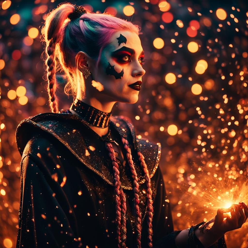 Harley Quinn with 2 braids as witch, glitter, unreal engine,...