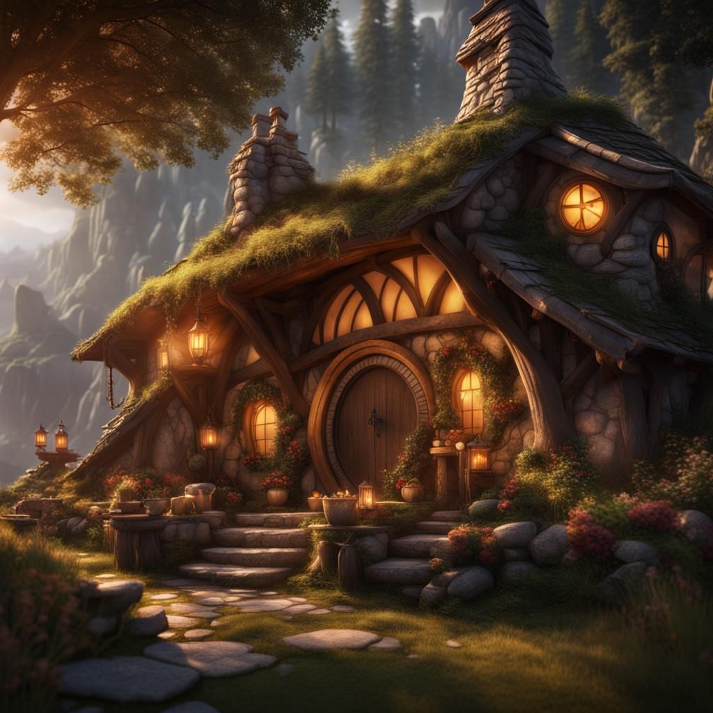 Cozy Hobbit Home in Detailed Matte Painting Style