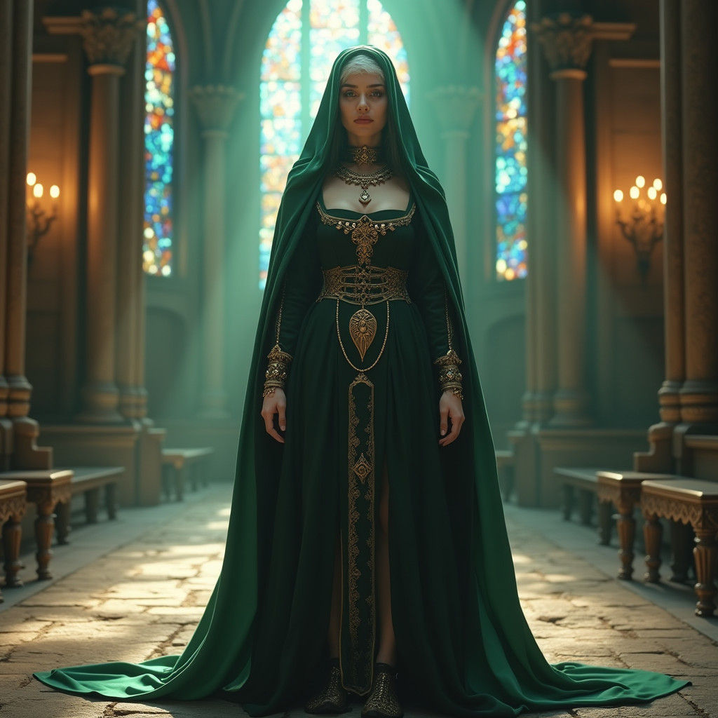 Medieval Nun Priest in Mystical Cathedral