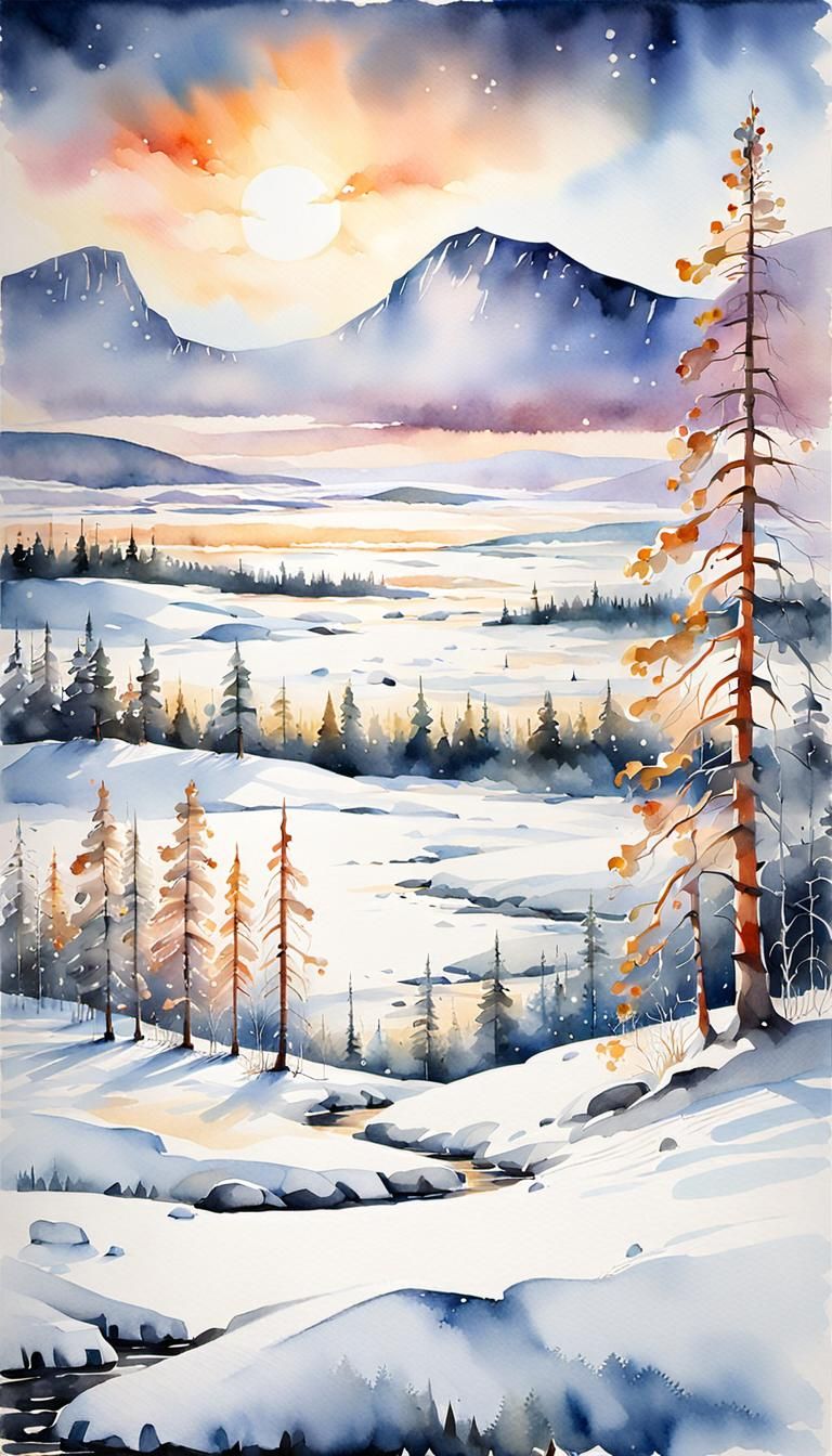 Lapland Snowmobiles Racing Under Midnight Sun in Watercolor