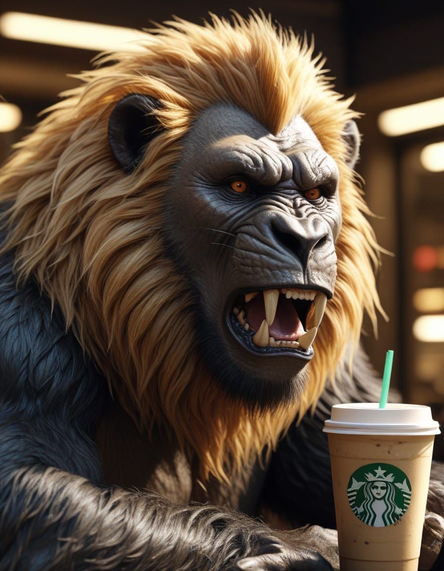 Hyper-Realistic Lion-Gorilla Creature Roaring in Starbucks