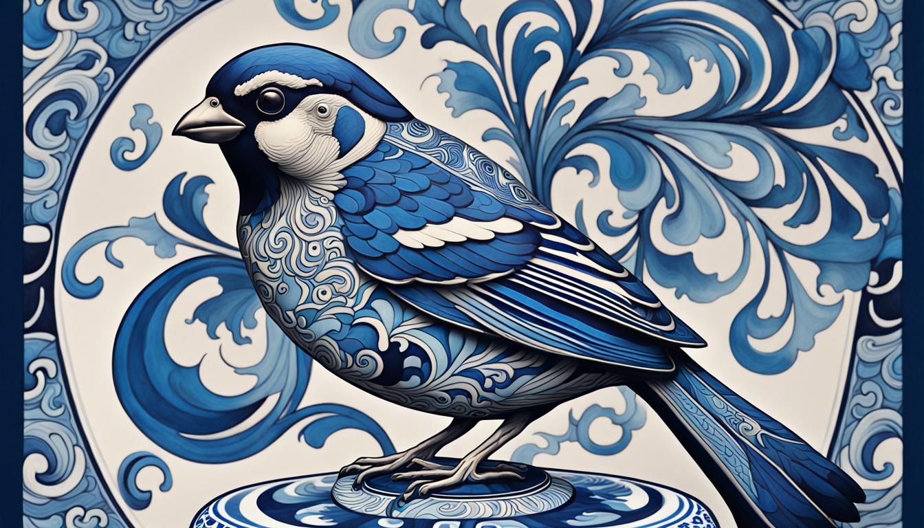 Sparrow on Delft Vase in Psychedelic Op-Art Style