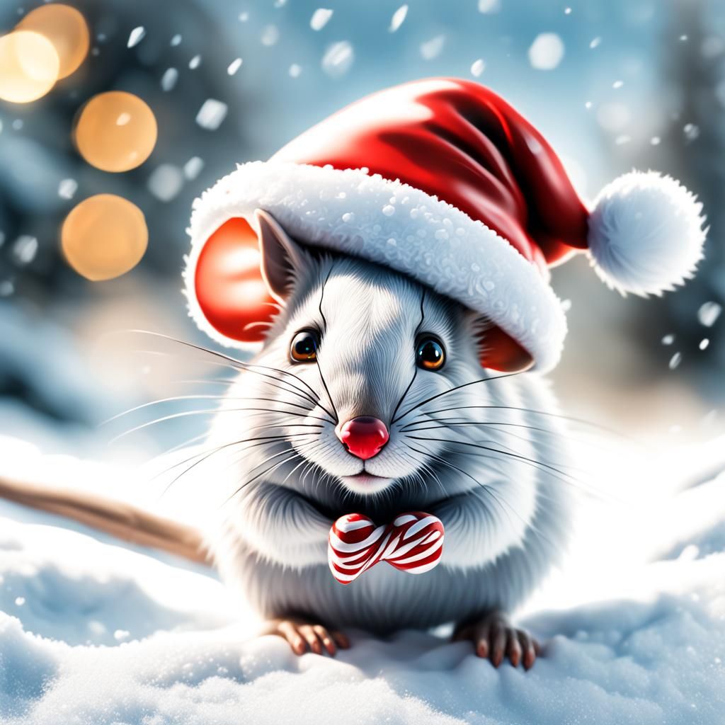 Adorable Winter Mouse in Santa Hat