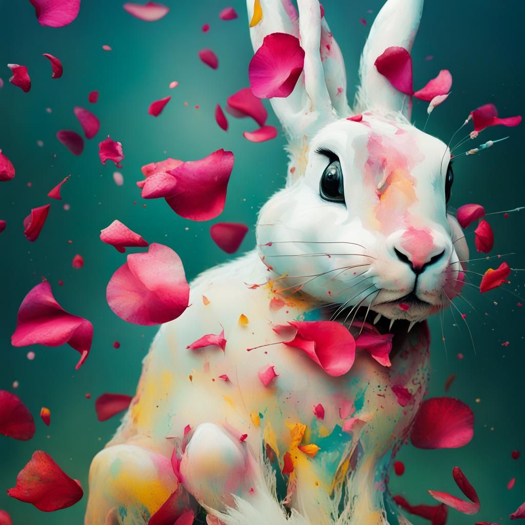 A Dazzling Dance: The Ethereal Encounter of a White Bunny Surrounded by Scarlet Rose Petals