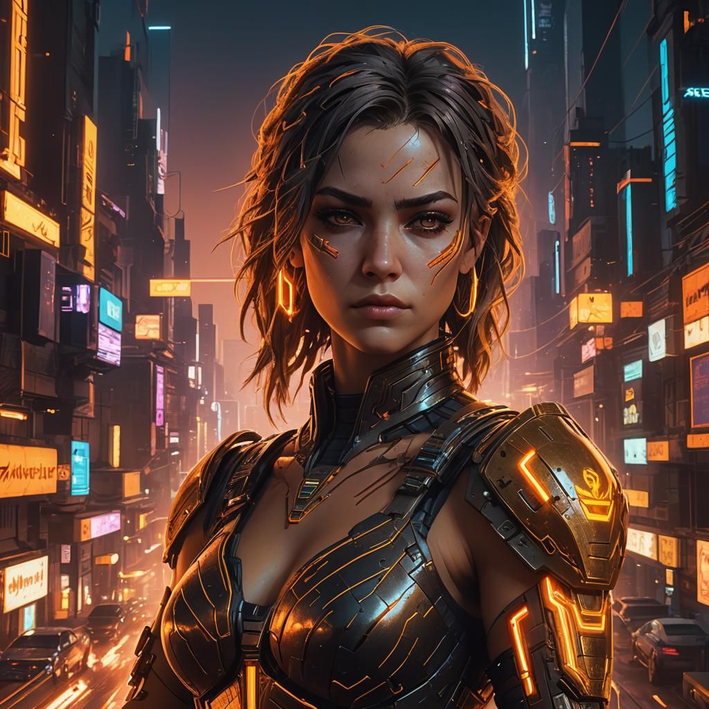 Cyberpunk Goddess with Neon Aura, Digital Painting
