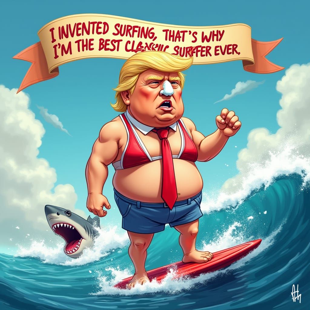 Vibrant Donald Trump in Cartoonish Surfing Scene with Shark