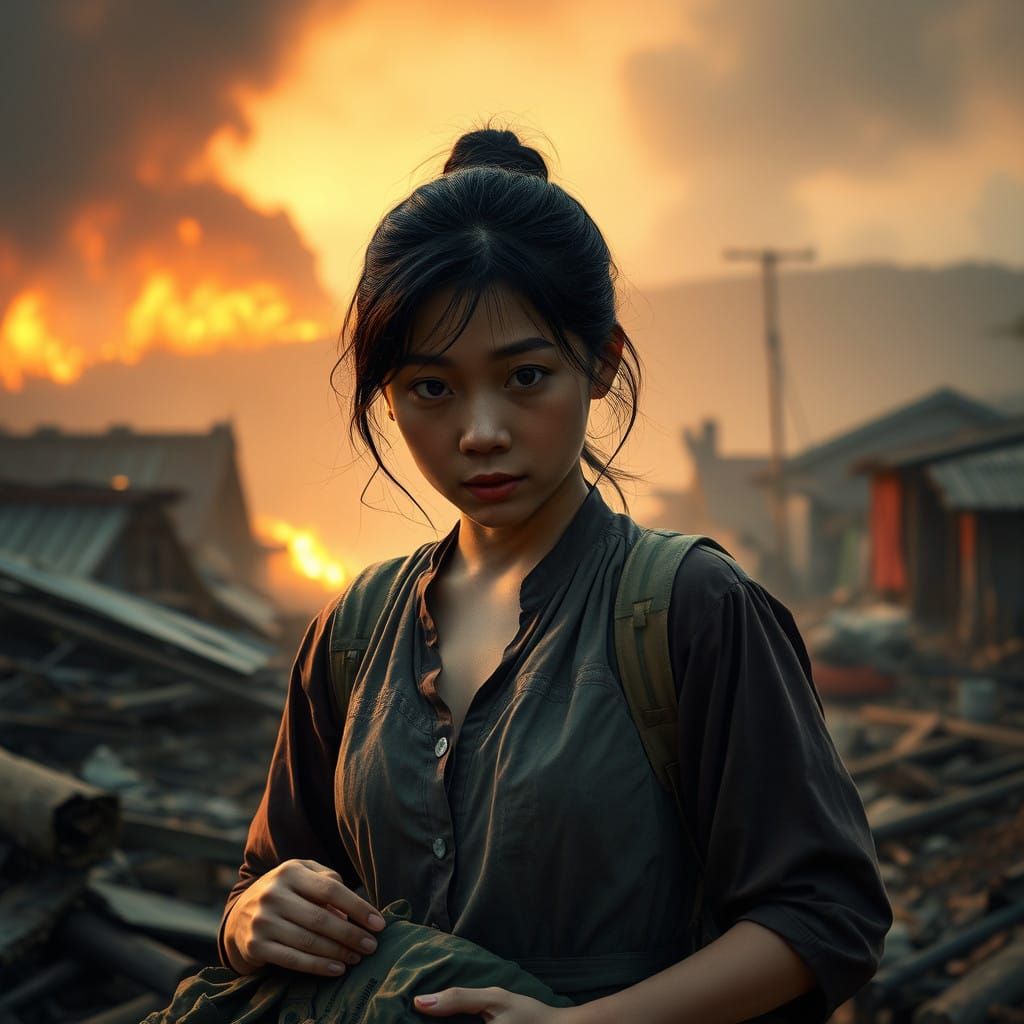 Young Vietnamese Woman Tends to Wounded Soldier Amidst War-T...