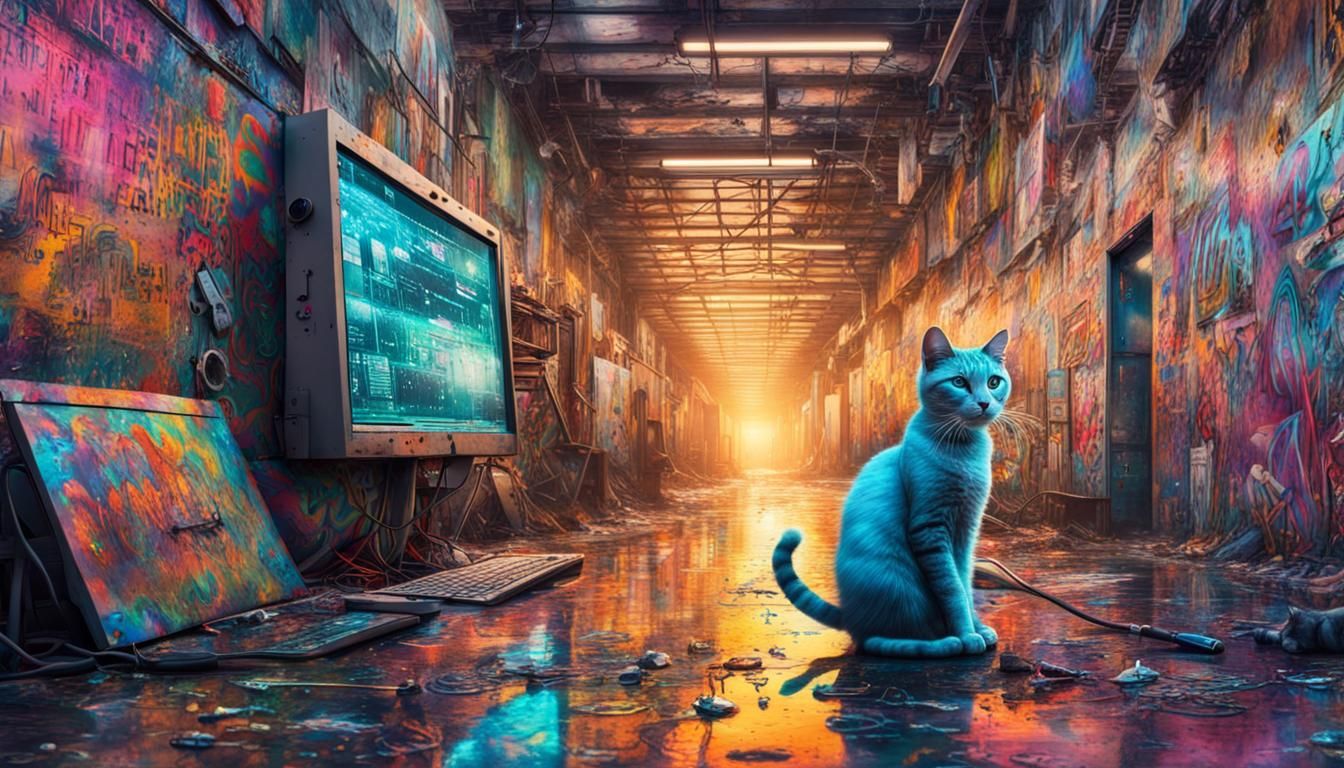 Psychedelic Hacker Graffiti Art with Hidden Cats