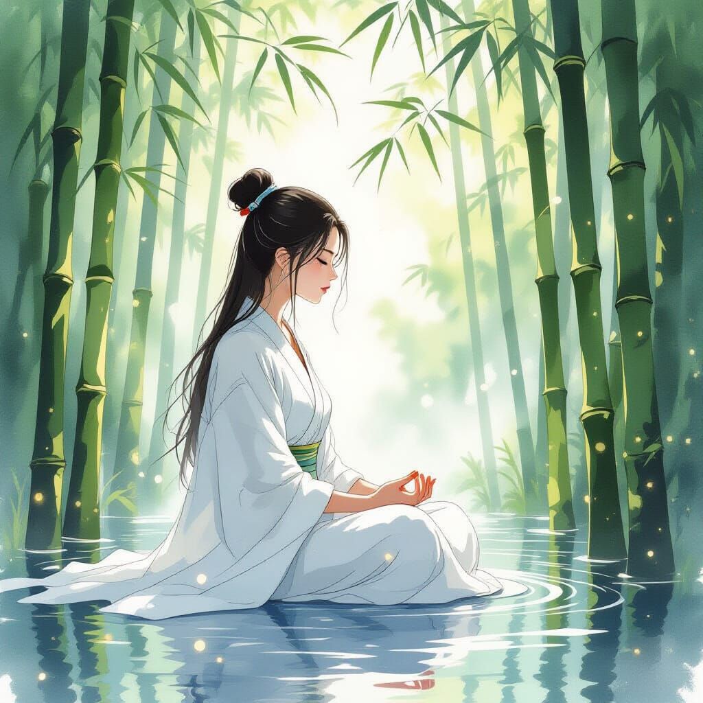 Meditating Figure in Bamboo Forest, Watercolor Style