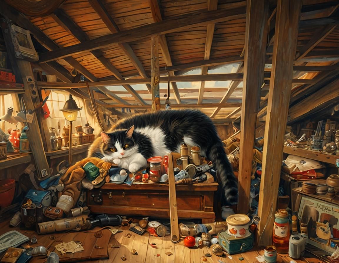 Cozy Cat Portrait in Attic, Whimsical Oil Painting