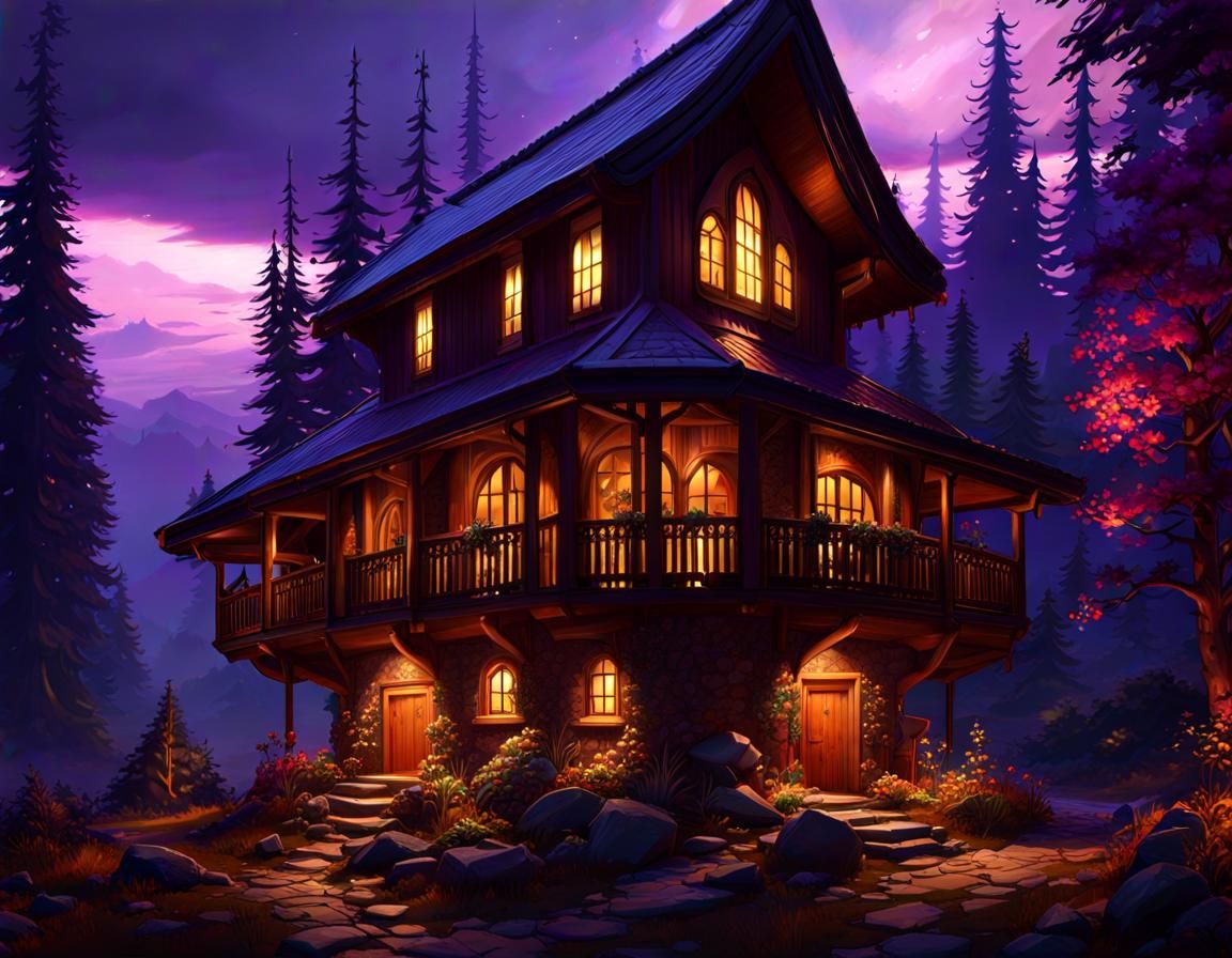 Alpine Lake Cottage: Gouache Impressionist Landscape