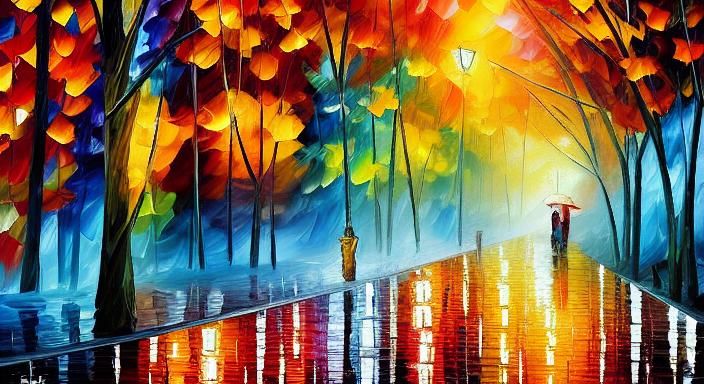 Rainy Park Alley at Night as Impasto Oil Painting