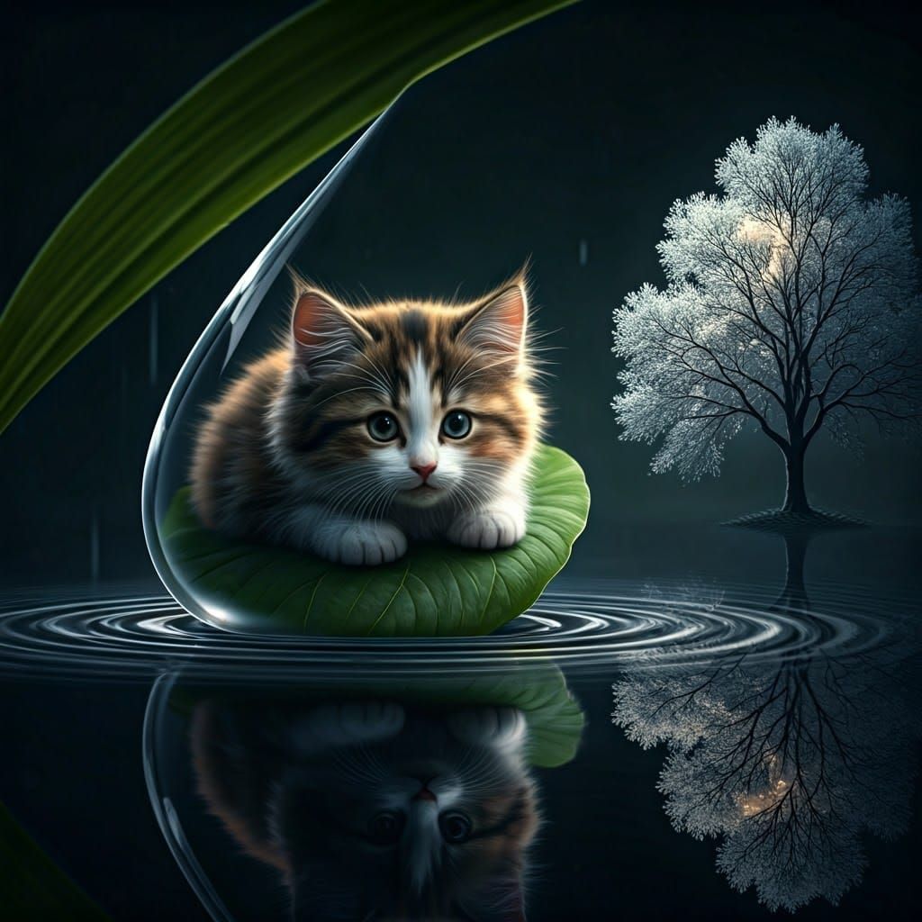Calico Kitten in Raindrop, Hyperrealistic Digital Art