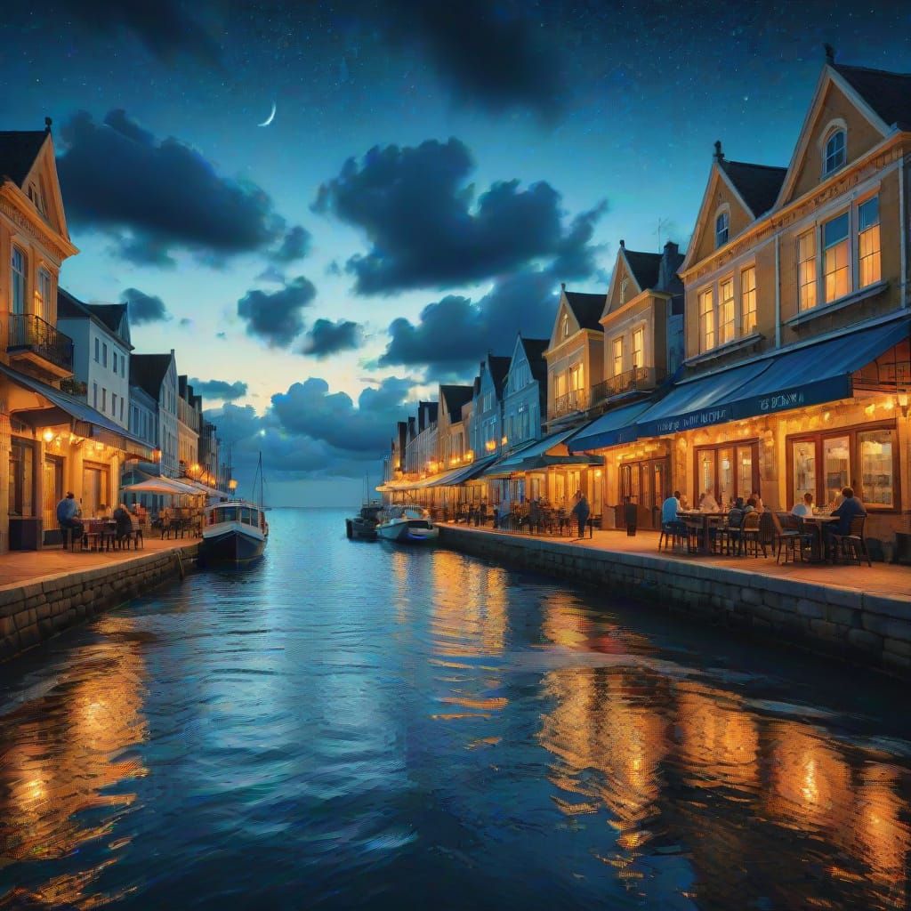 Vibrant Seaside Boulevard at Night Oil Painting