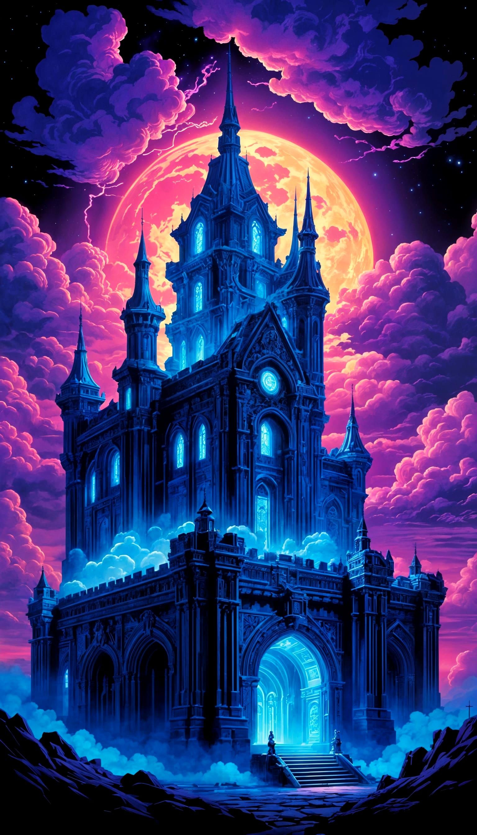 Ethereal Portal Castle Radiates Neon Blue and Purple