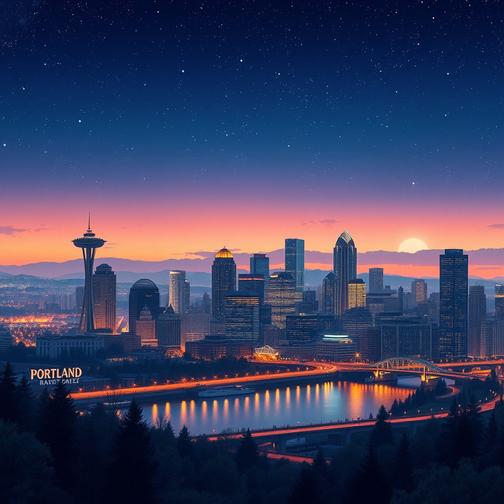 Portland Skyline at Night in Studio Ghibli Style