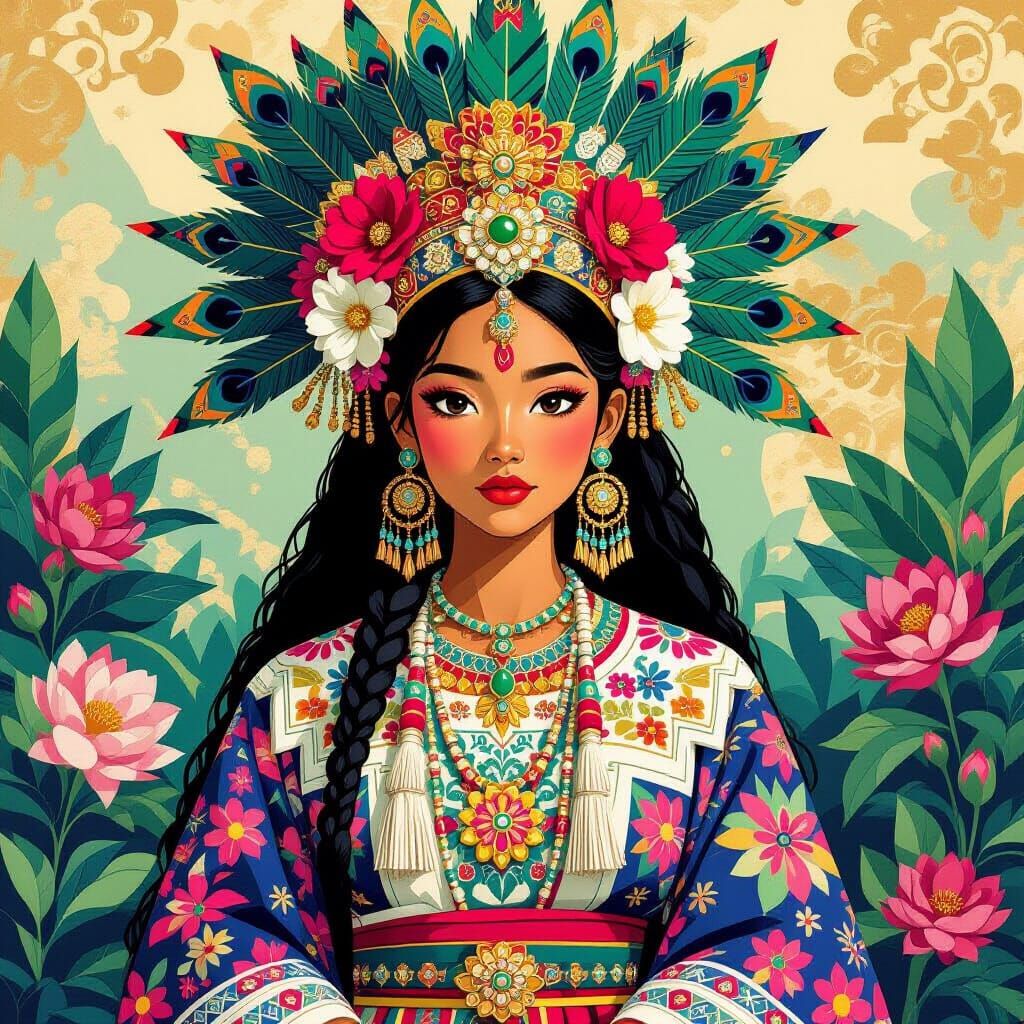Aztec Warrior Princess in Cubist Floral Dreamscape