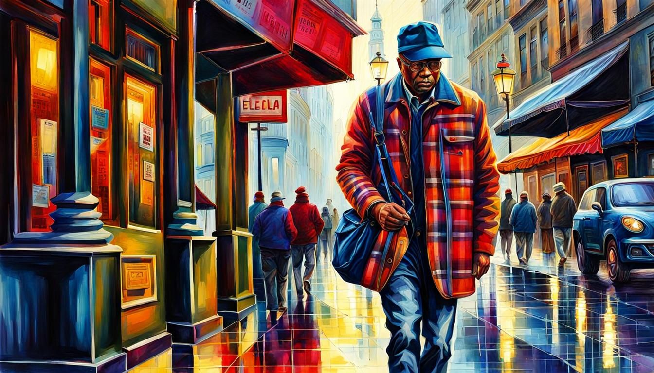 Plaid Faced Man Street Walking: Digital Illustration