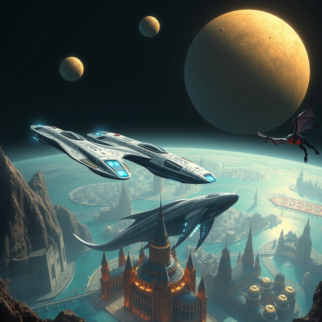 Golden Planet Undersea City with Spaceships and Sea Monsters...