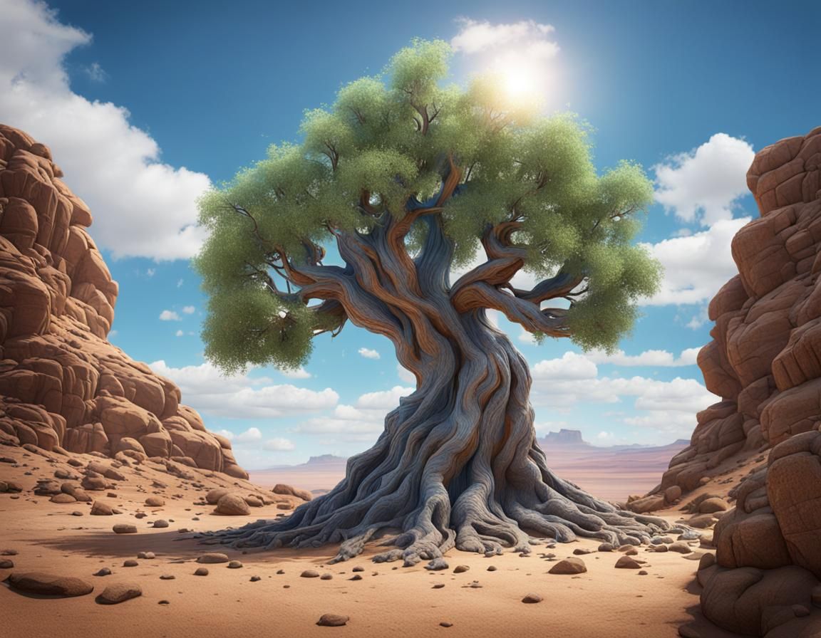 Tree Growing Through Rock in Desert Landscape