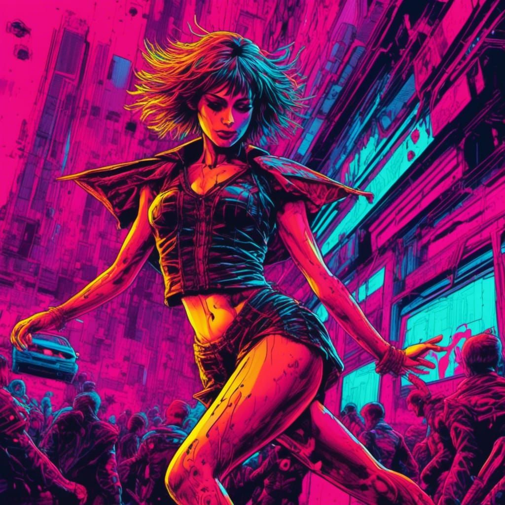 Ballerina Dancing in Bloody Shoes in Cyberpunk Neon