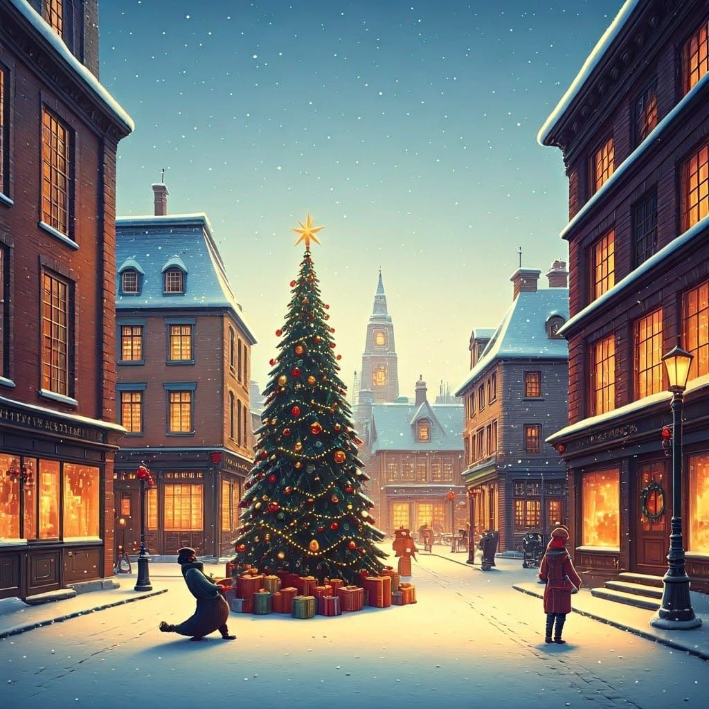 Christmas Morning in Quaint Town Inspired by Rockwell