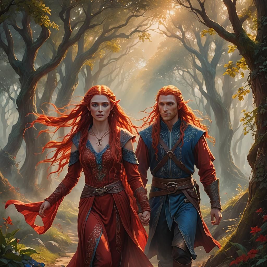 A tall male elf with very  very long red hair, blue eyes and...