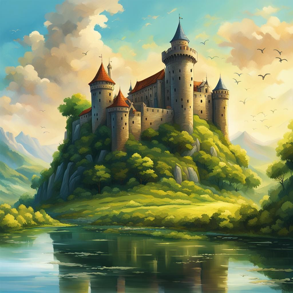 Medieval Castle on River Islet: Hyperrealistic Splash Art