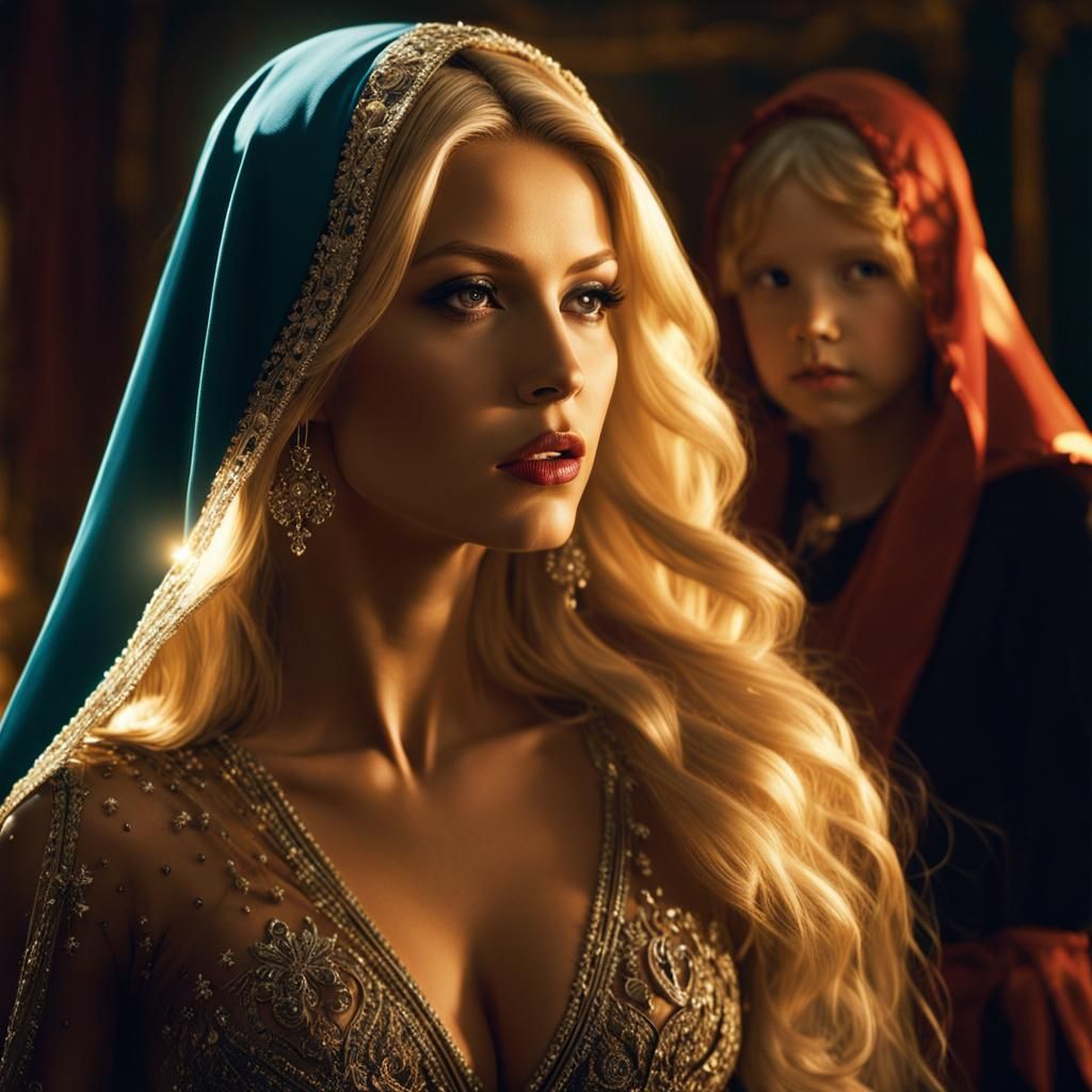 Blonde Woman with Veil and Child: Matte Painting