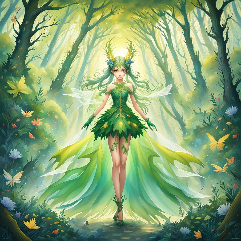 Mystical Fae in Lush Forest, in Vibrant Dreamlike Style