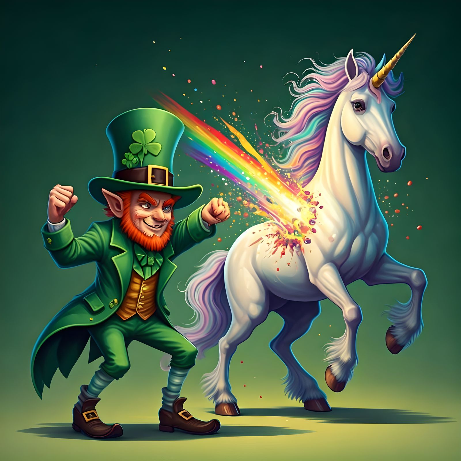 Leprechaun Punches Unicorn Spewing Rainbows and Skittles