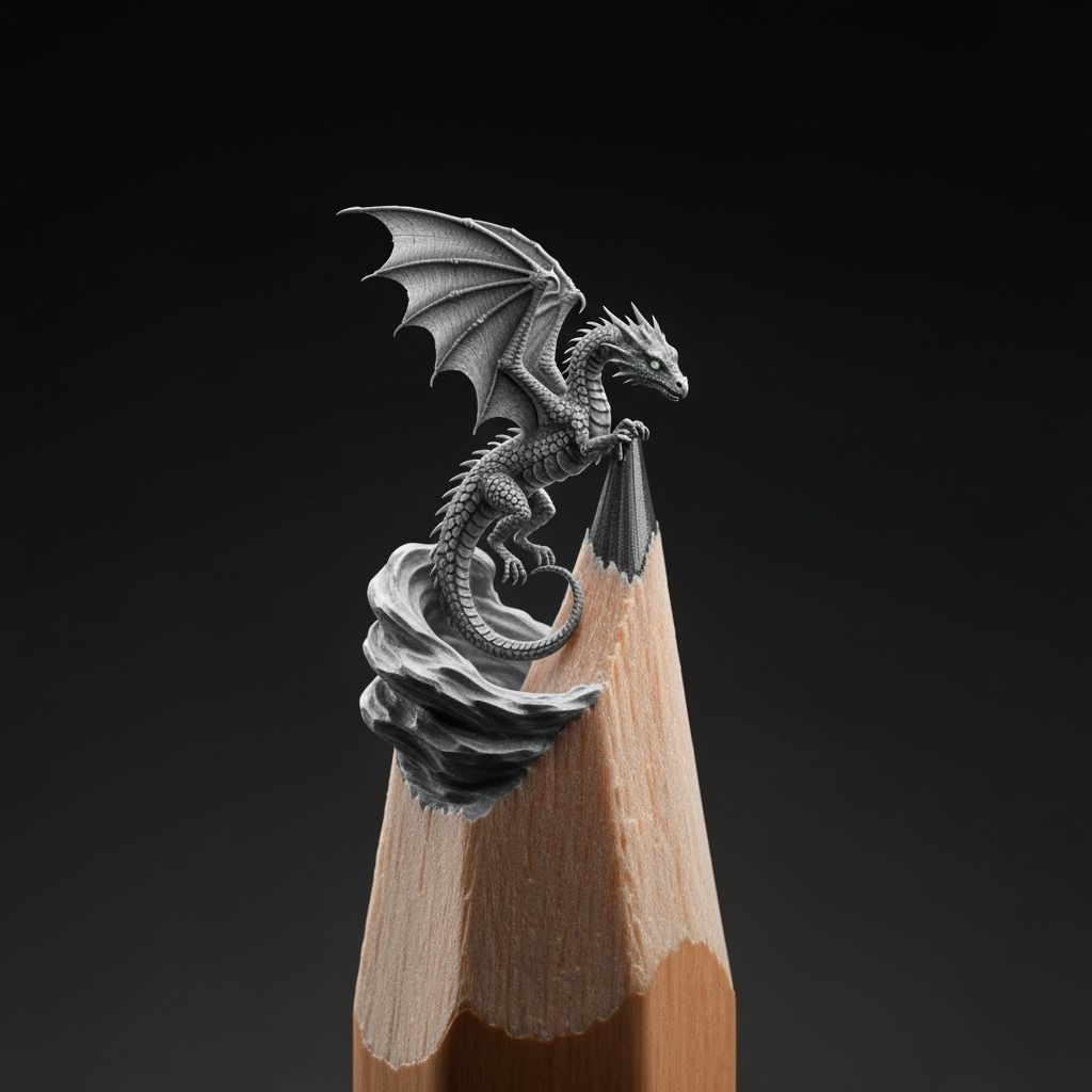 Intricate Pencil Tip Dragon Sculpture in Macro Style