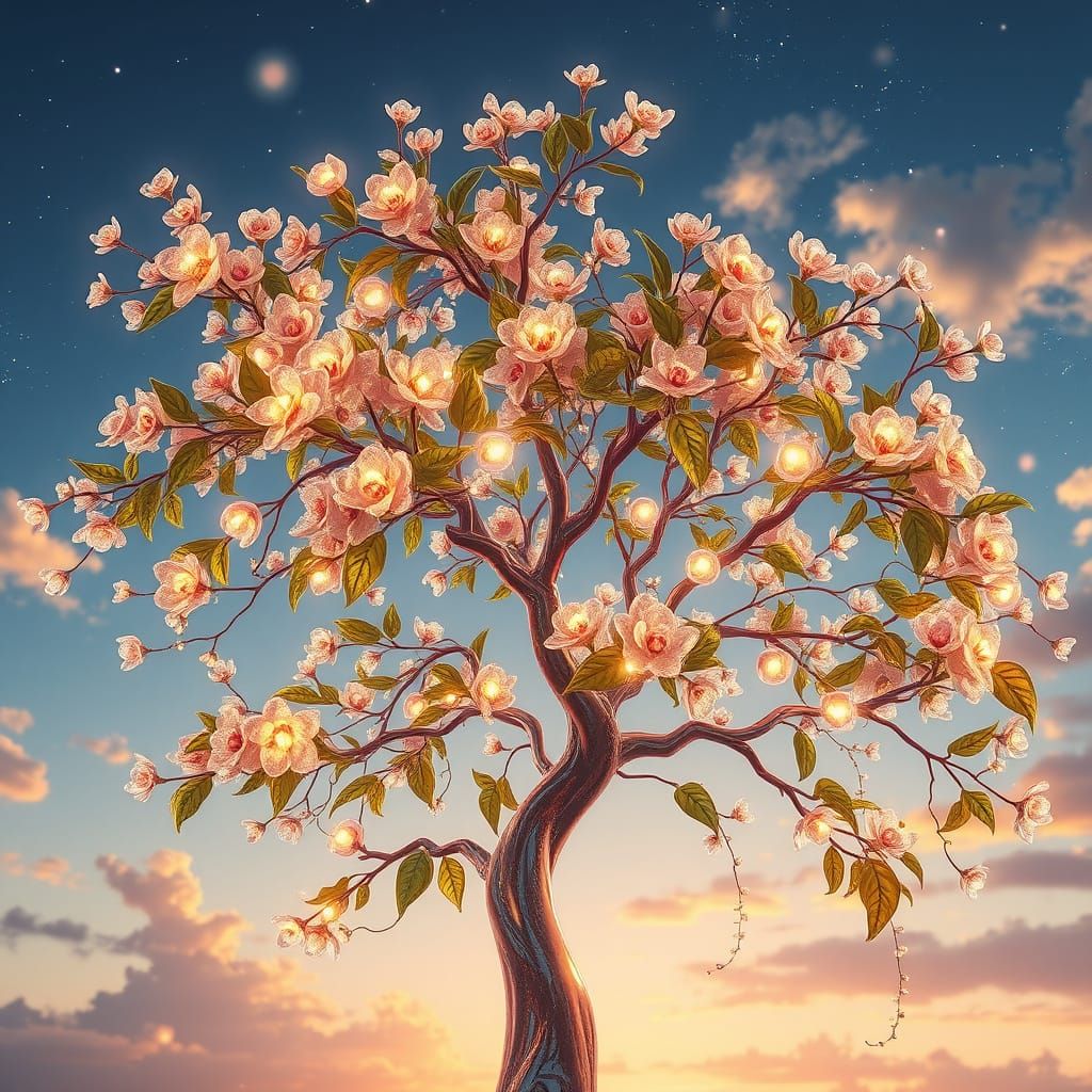 Ethereal Tree of Crystal Cherries in Twilight Radiance