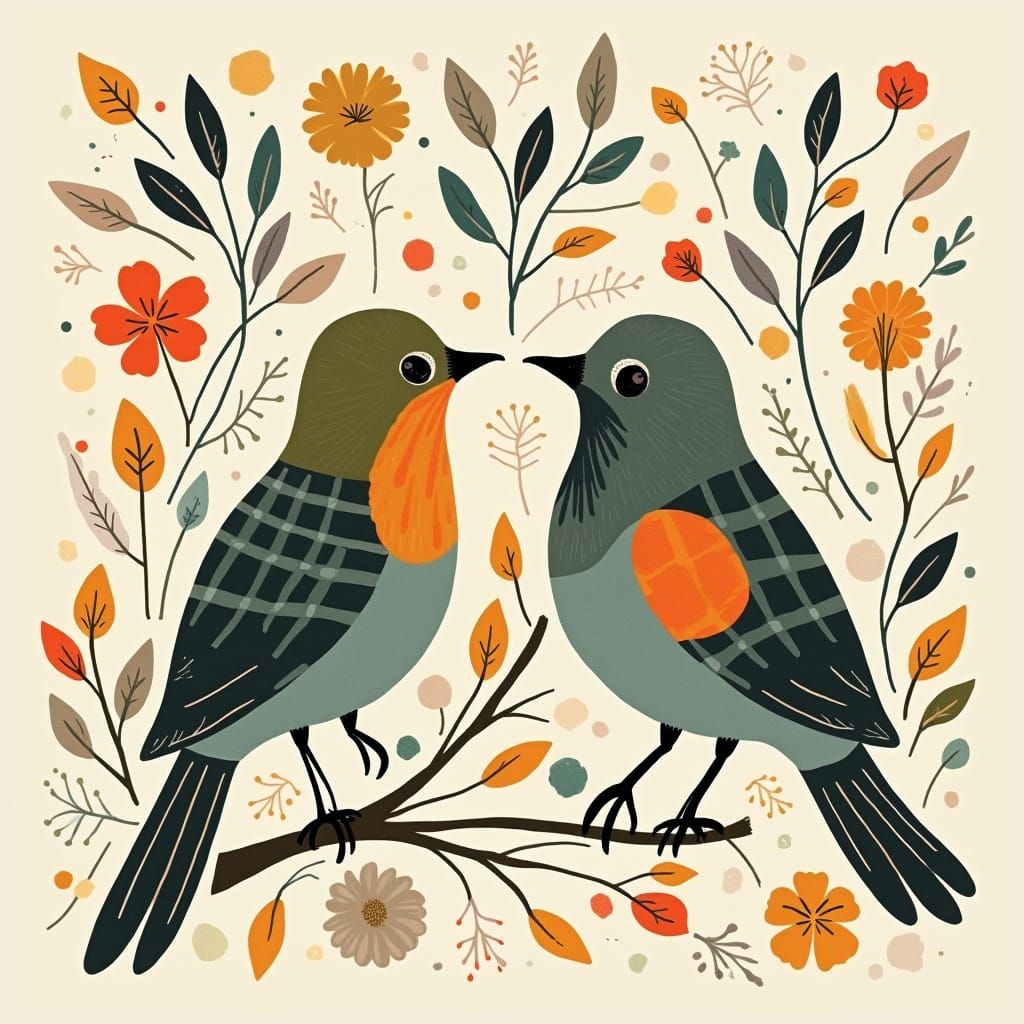 Abstract Birds with Buffalo Check, Swirls & Fine Lines