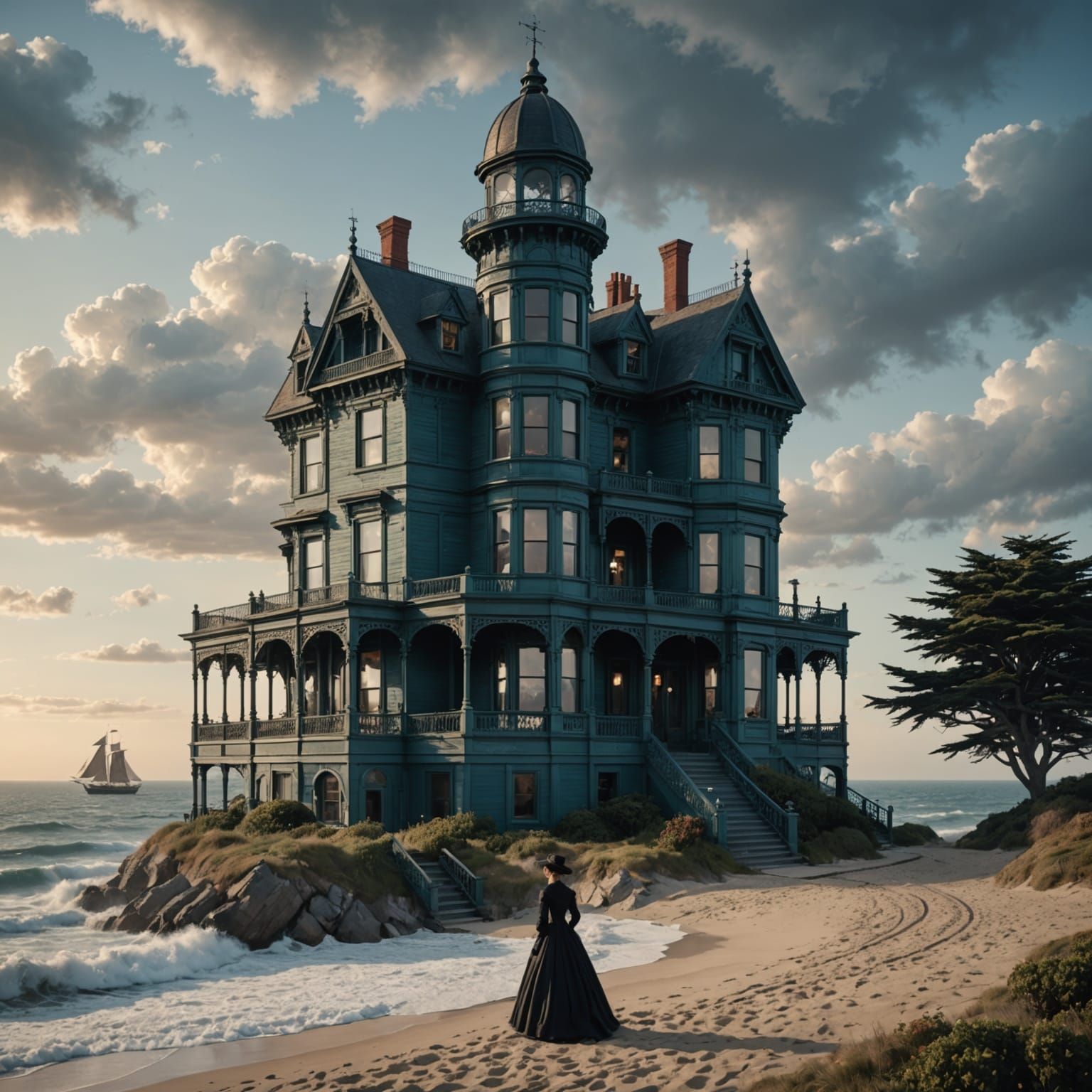 A Victorian mansion by the ocean.  It is two stories tall an...
