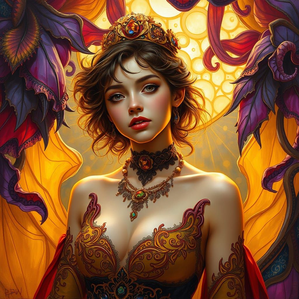 In a captivating luminous thick expressive impasto art nouveau oil painting in the style of Alphonse Mucha, Jeremy Mann,...