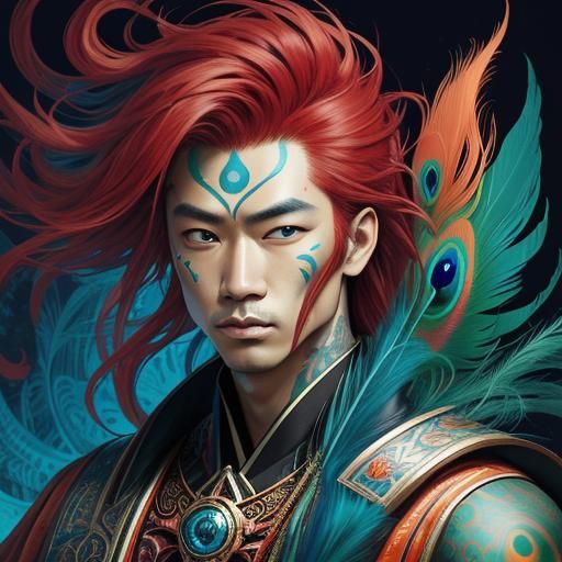 Abstract Portrait of Asian Man with Peacock Feathers