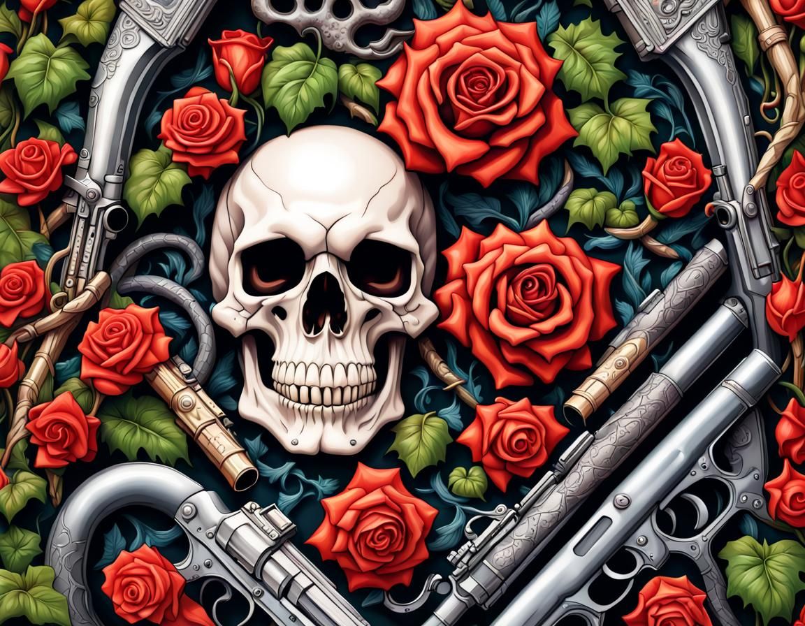 Guns, ivy, vines, rose, skull, candles, snake, hyperdetailed intricately detailed complementary colors detailed painting...