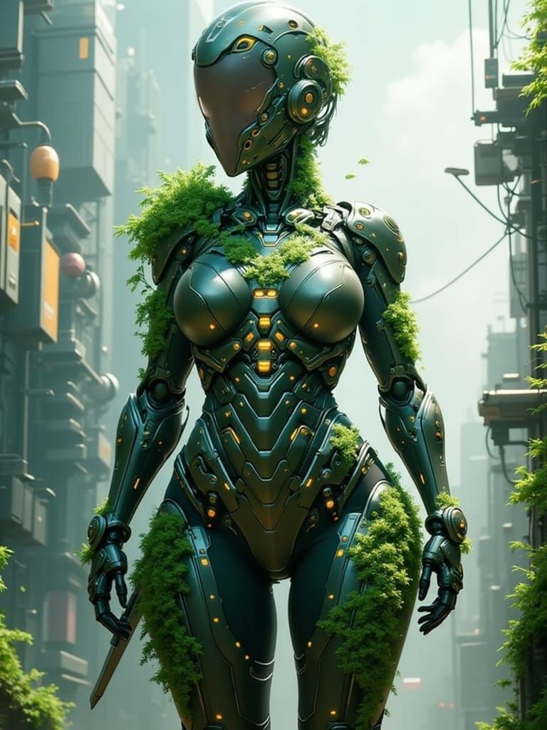 Cyberpunk Robot Female Figure Covered in Moss